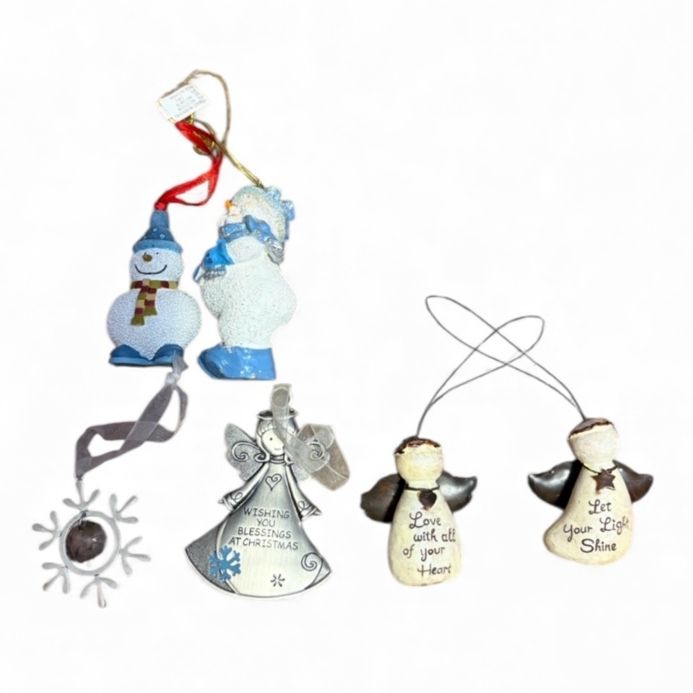 Vintage Blue Snowman and Silver Angel Ornament Collection Bundle Christmas Snow